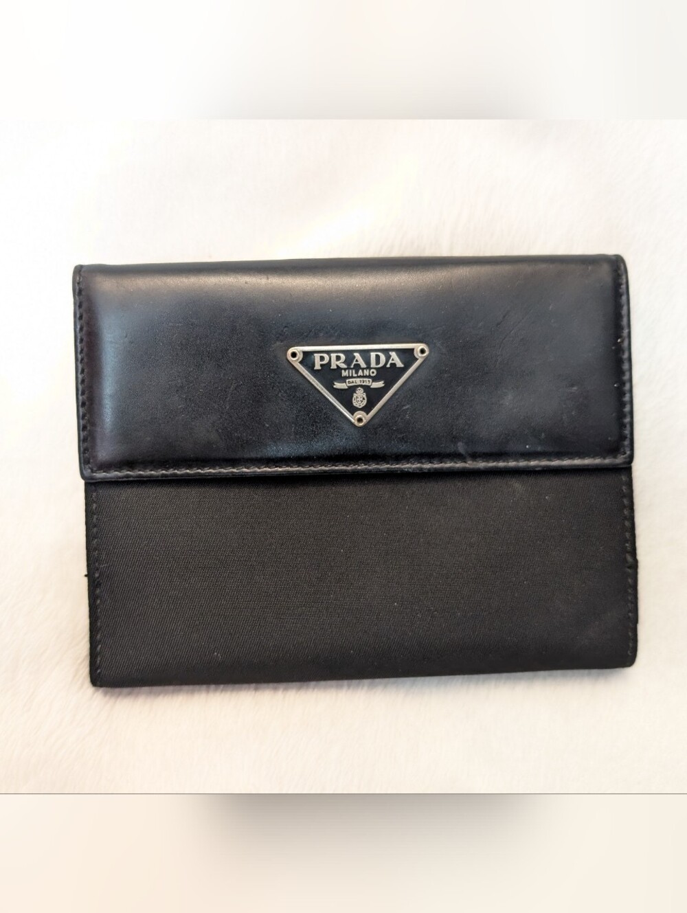 Authentic Prada Black Leather And Nylon Bifold snap wallet 4.5" x 3.5" with coa